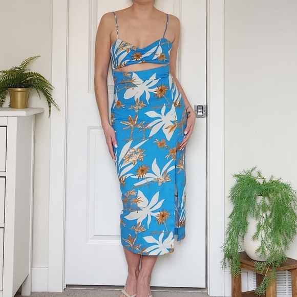 Zara blue floral cut out midi dress size S NWOT - Picture 1 of 10